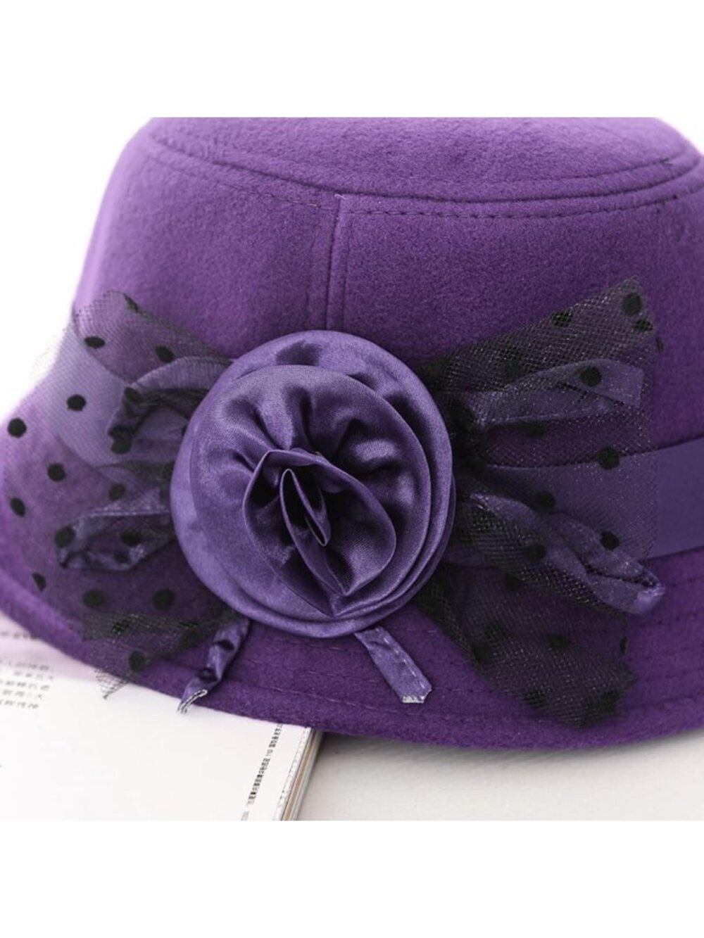 Women's Purple Vintage Felt Cloche inter Floral Fedora Imported Bucket Hat - Picture 3 of 6